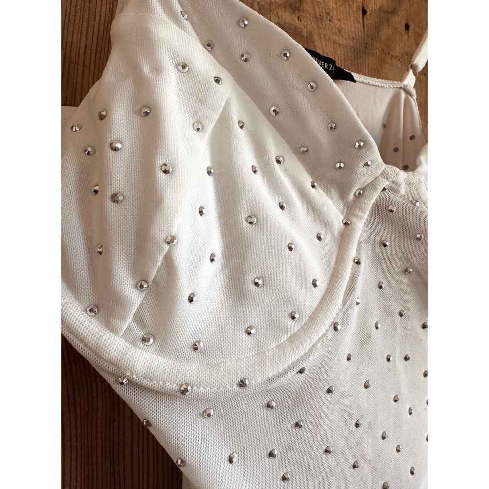 Sz M Forever 21 Sheer White Rhinestone Embellished Intimate Bodysuit NWOT - Picture 3 of 4